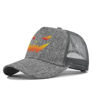Grey mesh baseball cap featuring Halloween pumpkin print, breathable trucker hat for outdoor wear.