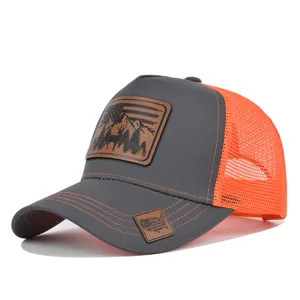 Grey and orange mesh trucker hat with outdoor deer leather patch for men and women summer