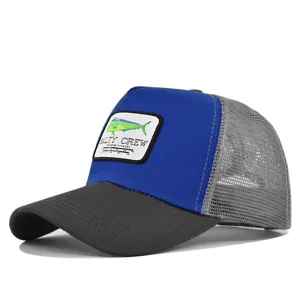 Stylish trucker hat with fish embroidered patch and breathable mesh back for summer outdoor.