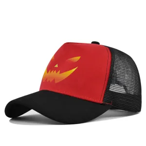 Halloween pumpkin print trucker baseball cap detail view, breathable black mesh back and brim.