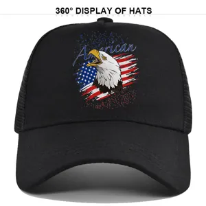 Classic black mesh baseball cap with American eagle flag print for men and women outdoor sun.