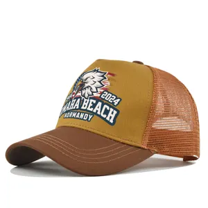 Vintage style military theme mesh baseball cap with eagle print, brown and tan trucker hat.