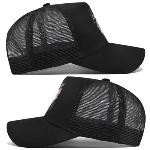 Black mesh baseball cap with eagle graphic print, breathable trucker hat for outdoor sun protection.