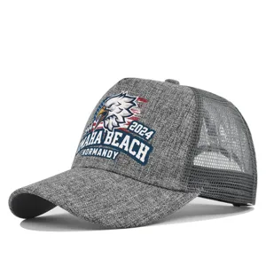 Grey mesh baseball cap with Omaha Beach 1944 Normandy eagle print, breathable summer hat.