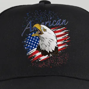 Detailed close-up view of a black mesh baseball cap featuring an American eagle print.