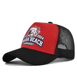 Stylish mesh baseball cap with eagle print and Omaha Beach text, breathable outdoor hat.