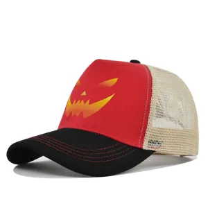 Halloween trucker hat detail featuring red pumpkin face print and black curved brim.