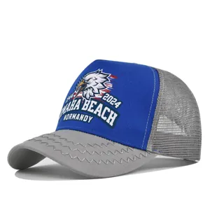 Omaha Beach Normandy 1944 commemorative eagle print mesh trucker baseball cap grey blue