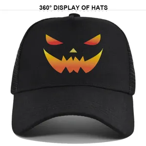 Detailed view of the Halloween pumpkin print baseball cap, black breathable mesh hat for couples.