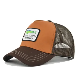 Men's mesh trucker hat featuring a embroidered fish patch and curved brim for summer outdoor sports.
