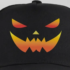 Halloween hat detail close-up showing black mesh baseball cap with spooky jack-o-lantern graphic.