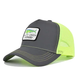 Grey and neon green mesh trucker hat featuring an embroidered Salty Crew fish patch.