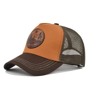 Gorra trucker de malla con parche de cuero, gorra de béisbol de verano casual.