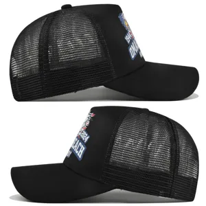 Classic black trucker cap with breathable mesh back and Omaha Beach 1944 eagle print.