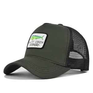 Men's green mesh trucker hat with embroidered mahi fish patch and curved brim for summer.