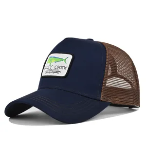 Men's fishing mesh baseball cap with mahi fish patch, breathable trucker hat for summer.