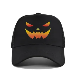 Halloween Pumpkin Ghost Face Print Mesh Trucker Baseball Hat For Men Women Breathable Adjustable Snapback Sun Cap Outdoor Festival Headwear