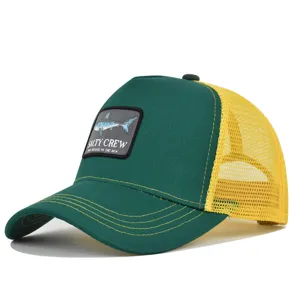 Grüne gelbe Trucker Cap für Herren mit Haifisch Aufnäher Mesh Sommer Baseball Kappe