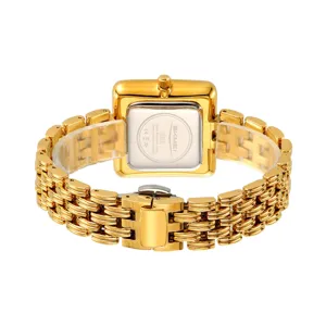 Gold square quartz watch for women with stylish metal strap, vintage casual timepiece.