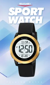 Close up view of SKMEI digital sport watch with gold bezel and black silicone strap dial.