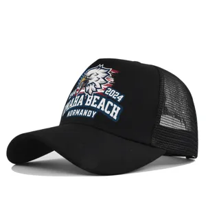 Unisex black trucker cap with American eagle and Omaha Beach Normandy 1944-2024 print mesh hat.