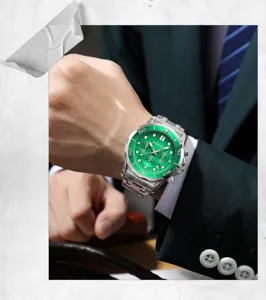Close-up detail shot of men's quartz watch featuring green dial and stainless steel strap.