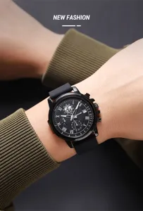 Men quartz watch business casual silicone strap waterproof chronograph calendar wristwatch