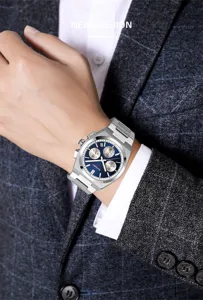 Men's quartz watch stainless steel strap chronograph blue dial fashion business watch
