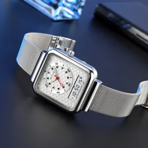 Men's Business Quartz Digital Watch Stainless Steel Mesh Strap Waterproof Multifunctional Square Electronic Wristwatch