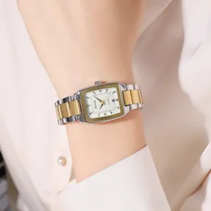 Elegant women quartz watch with retro square dial and two tone steel band for daily wear.