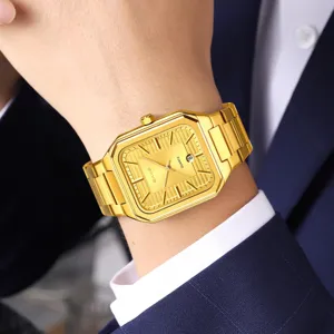 Herren Quadratische Gold Quarz Uhr Edelstahl Armband Business Armbanduhr mit Kalender