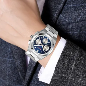 Men chronograph quartz watch with blue dial silver stainless steel bracelet main display