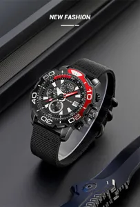 Montre sport quartz homme avec bracelet nylon, cadran chronographe multifonction tactique.