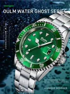 Oulm waterproof quartz watch with green dial and steel strap for men stylish accessory