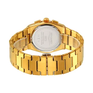 Gold men's quartz watch with metal bracelet, waterproof stainless steel back design main view.