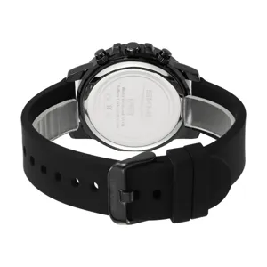 Men's quartz watch with durable black silicone strap and waterproof back case design.