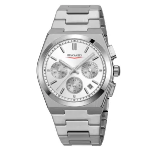 Men stainless steel quartz watch with chronograph six-hand display and waterproof design.