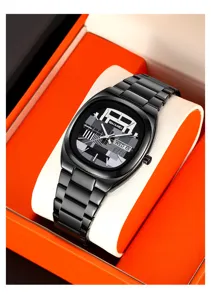 Men's stainless steel quartz watch with calendar display, waterproof casual wristwatch details.