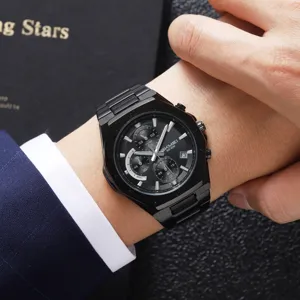 Skmei men's black steel quartz watch with chronograph, 30m waterproof luxury wrist watch.