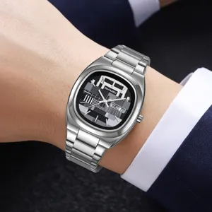 Men's stainless steel quartz watch with unique dial design, calendar display, and casual style.