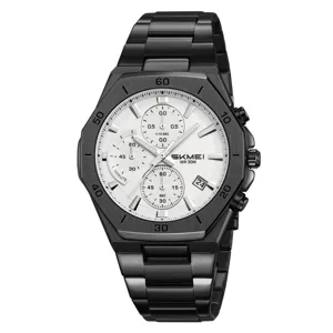 Men's stainless steel quartz watch with chronograph subdials, white dial and black case.