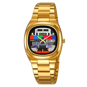 Gold stainless steel quartz watch for men with unique test pattern dial and calendar display.