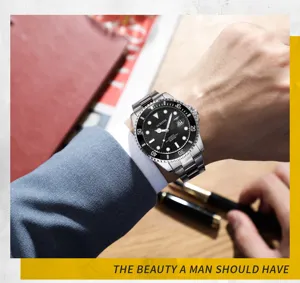 Men's quartz watch with stainless steel strap and classic black dive dial for daily wear.