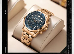 Men's stainless steel quartz watch with rose gold strap, blue dial, and luminous display.