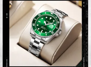 Men's stylish green bezel quartz watch with stainless steel strap and waterproof design.