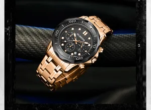 Detail shot of the luxury men's quartz watch with rose gold steel strap and black dial.