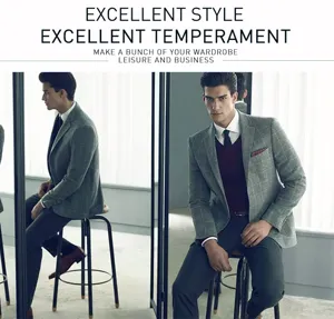 Men's business casual blazer suit detail shot, stylish grey plaid jacket for modern men.