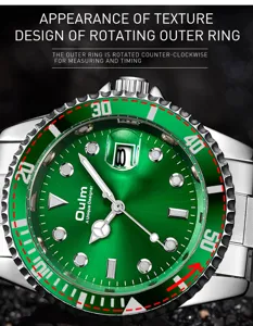 Oulm green dial quartz watch detail, stylish rotating bezel and calendar display for men.