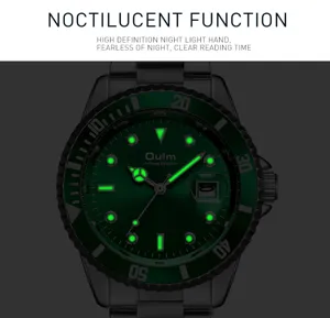 Men's green luminous quartz watch with date display, black stainless steel strap and stylish bezel.