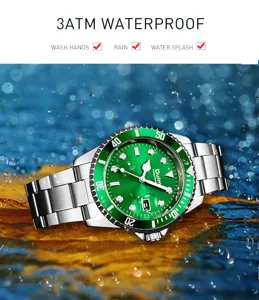 Green dial quartz men's watch with stainless steel strap, calendar display and 3ATM waterproof.